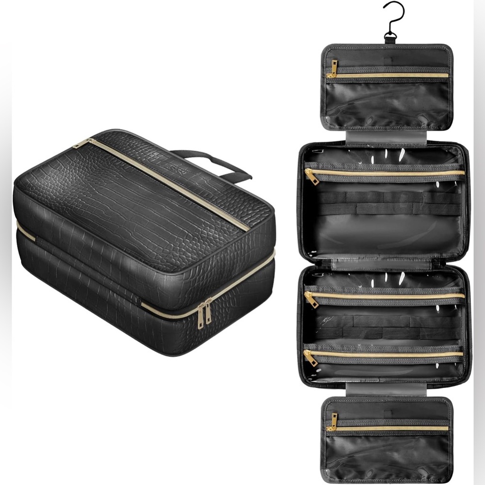 Dot & Dot Black Vegan Leather Travel Toiletry & Makeup Organizer Bag NWT - Picture 4 of 10